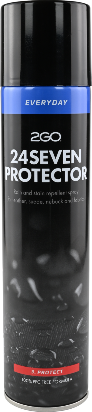2GO 24 Seven Protector 300 ml musta suojasuihkepullo, vettä ja likaa hylkivä kengänsuoja nahalle, mokalle ja tekstiileille.